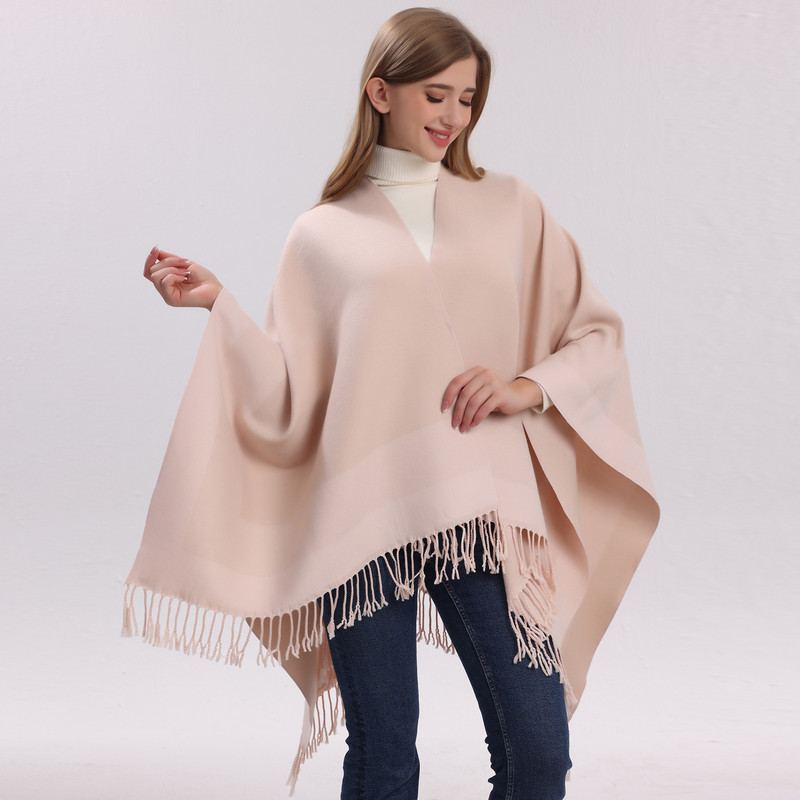 Khaki elegant women's tassel cape shawl scarf view 5