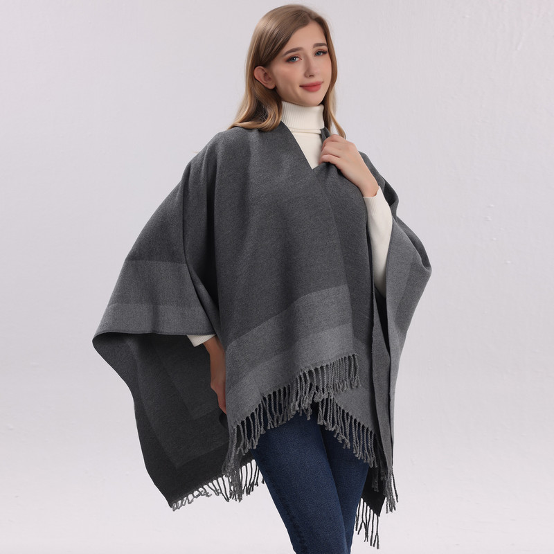 Khaki elegant women's tassel cape shawl scarf view 6