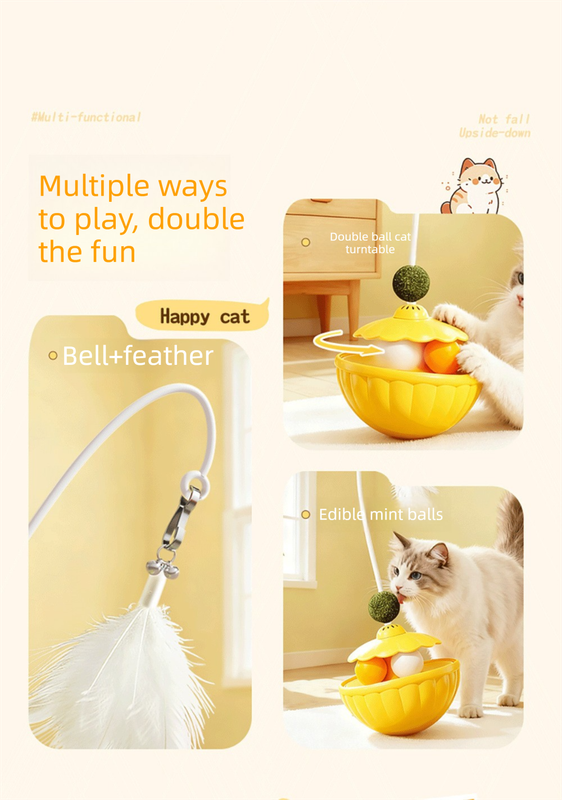 Yellow 2Pcs Interactive Cat Wobble Toy Set - Dual Ball Turntable & Feeder with view 5
