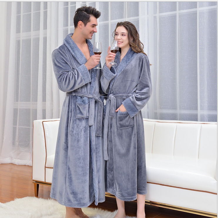 Grey L size Plush Flannel Robe for Couples - Thickened Warm Bathrobe with