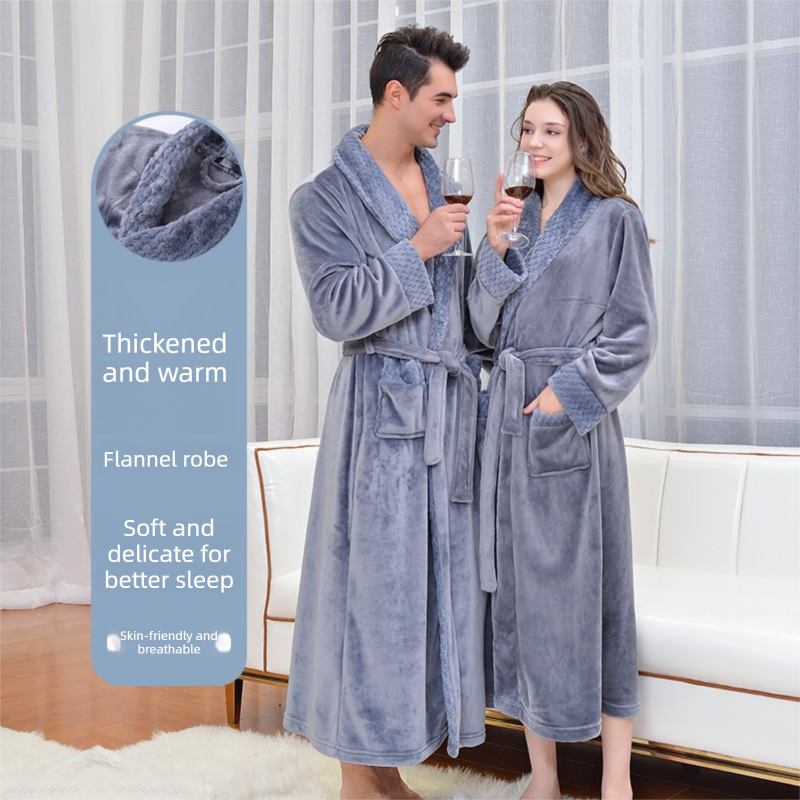 Pink 2XL size Plush Flannel Robe for Couples - Thickened Warm Bathrobe with view 4