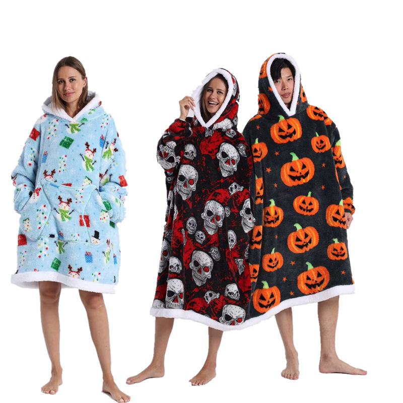 Skull Design Oversized Hooded Blanket for Adults - Ultra Soft & Warm Wearable view 7
