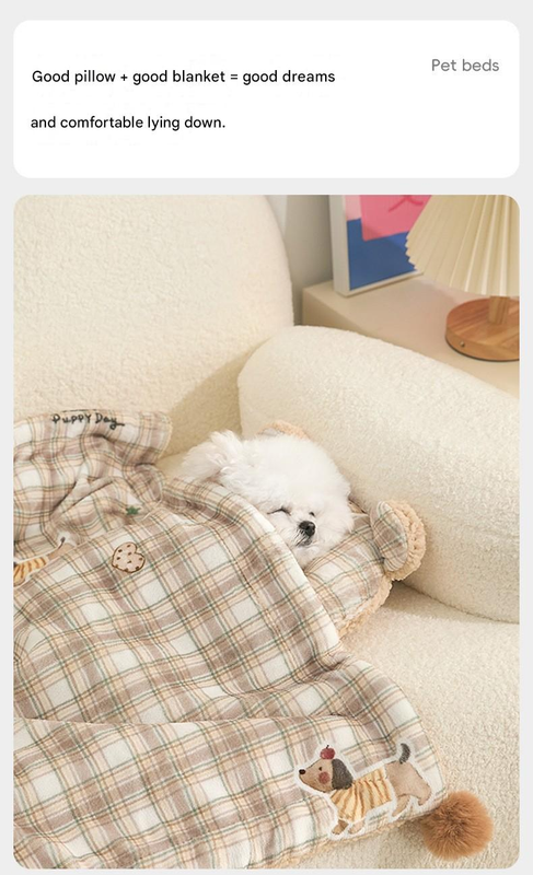 M size 2-Piece Plaid Puppy Pet Blanket and Pillow Set - Soft Cotton Plush view 2