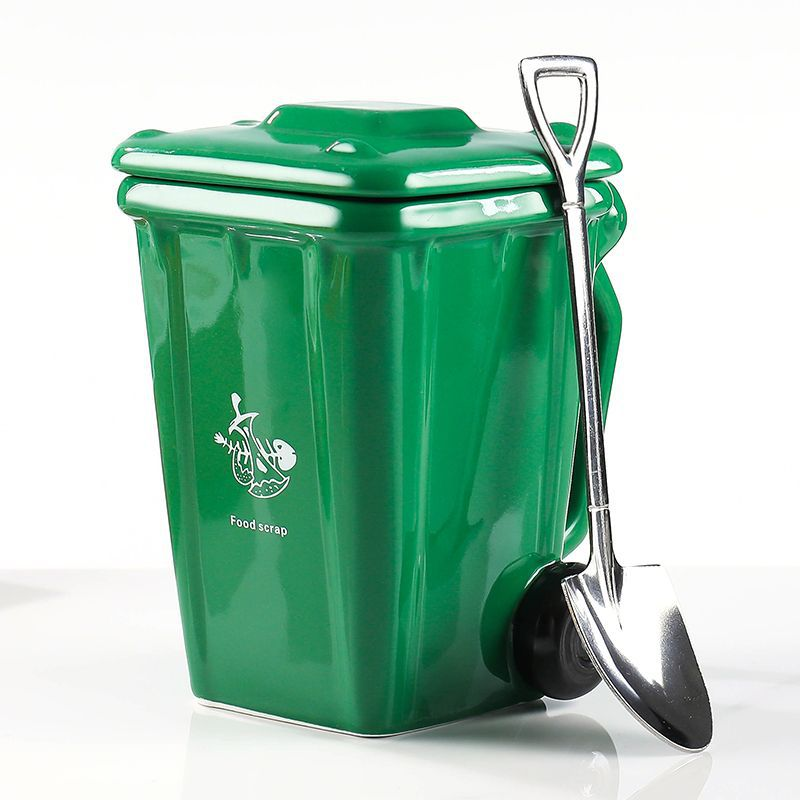Green Creative Trash Can Ceramic Mug with Shovel Spoon - 400ml Funny Garbage