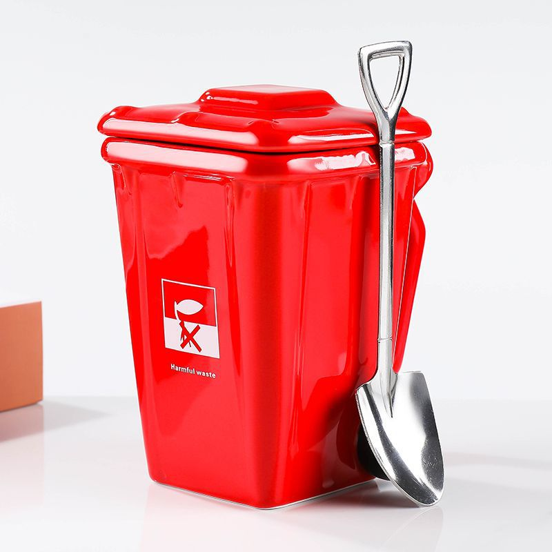 Red Creative Trash Can Ceramic Mug with Shovel Spoon - 400ml Funny Garbage Bin
