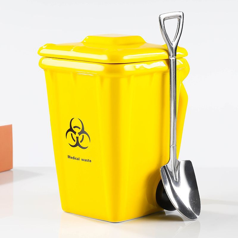 Yellow Creative Trash Can Ceramic Mug with Shovel Spoon - 400ml Funny Garbage