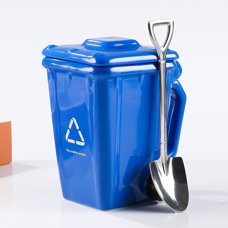Blue Creative Trash Can Ceramic Mug with Shovel Spoon - 400ml Funny Garbage