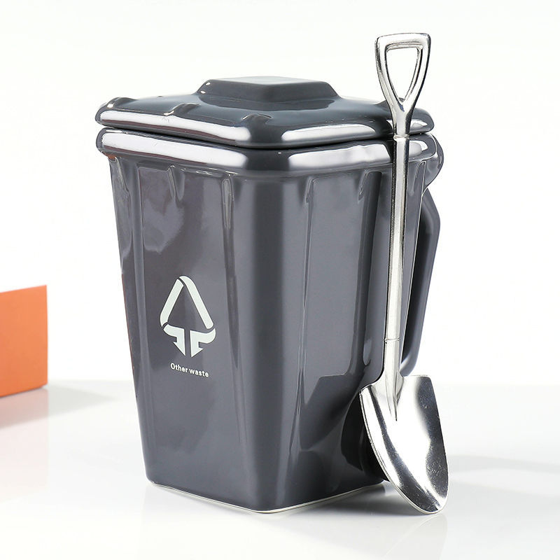 Grey Creative Trash Can Ceramic Mug with Shovel Spoon - 400ml Funny Garbage