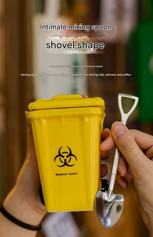 Grey Creative Trash Can Ceramic Mug with Shovel Spoon - 400ml Funny Garbage view 8