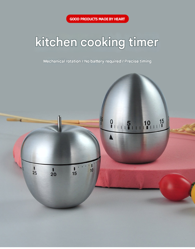 Apple Shape Stainless Steel Kitchen Timer Mechanical Cooking Timer - Wind-Up view 3