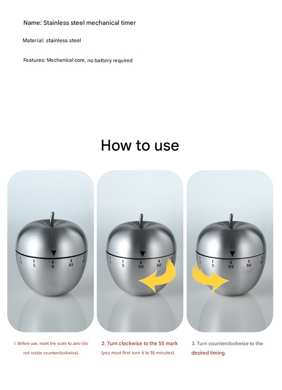 2-piece Apple and Egg Shape Stainless Steel Kitchen Timer Mechanical Cooking view 7