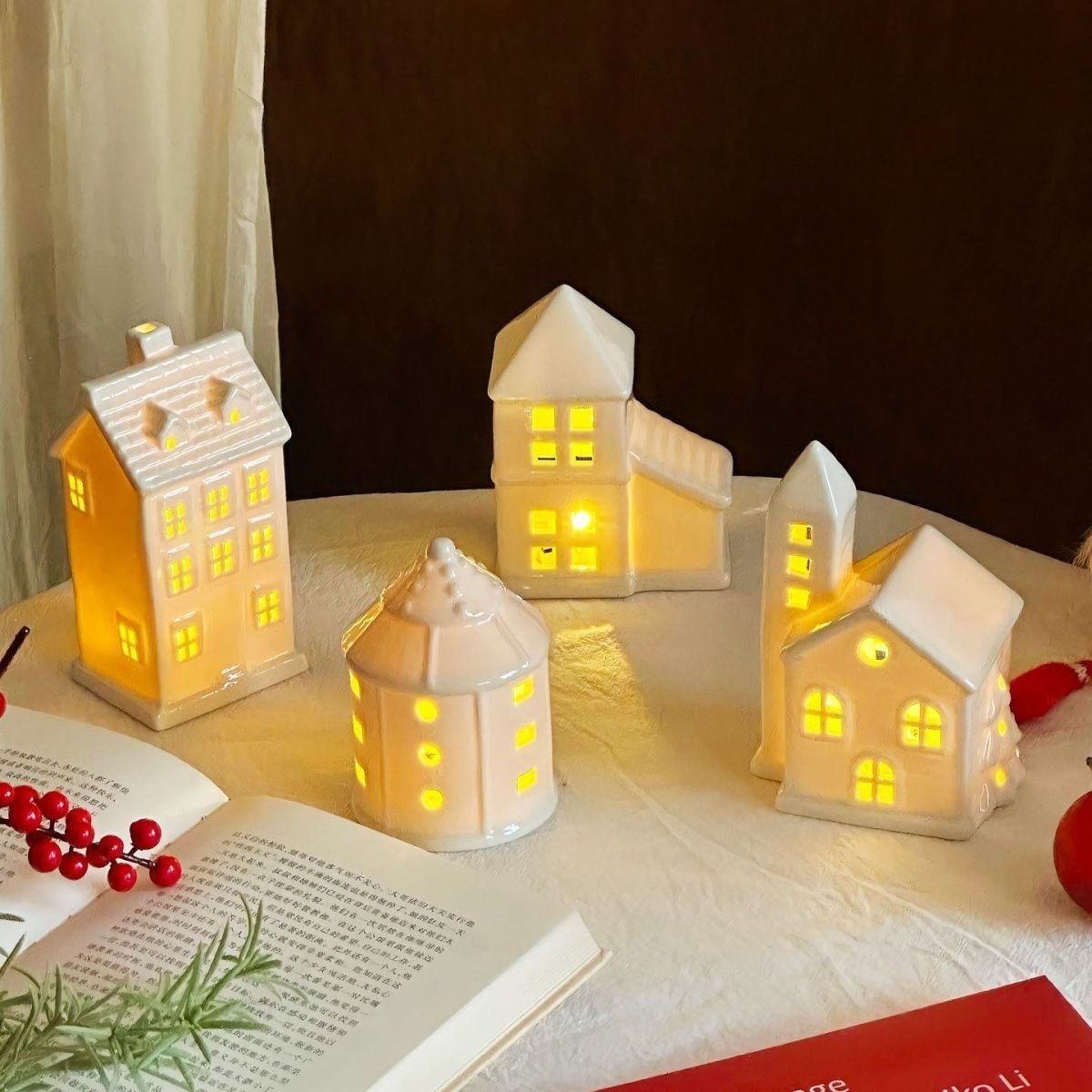 ceramic christmas tree, lit up house ornaments, nordic christmas decor view 3