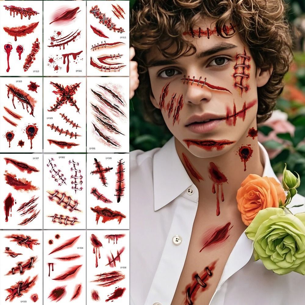 Halloween Tattoos 3D Temporary Tattoos Fake Wound Stickers Blood Wounds - Red view 2