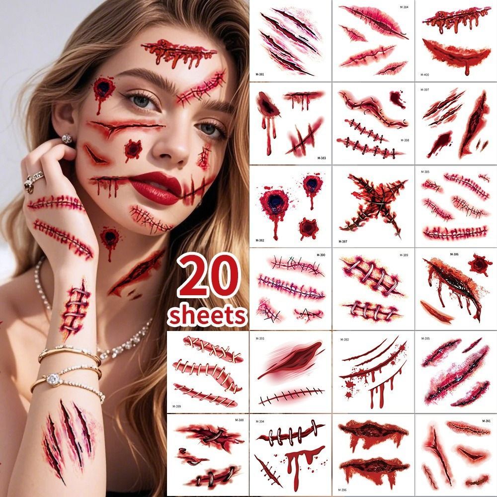 Halloween Tattoos 3D Temporary Tattoos Fake Wound Stickers Blood Wounds - Red view 3