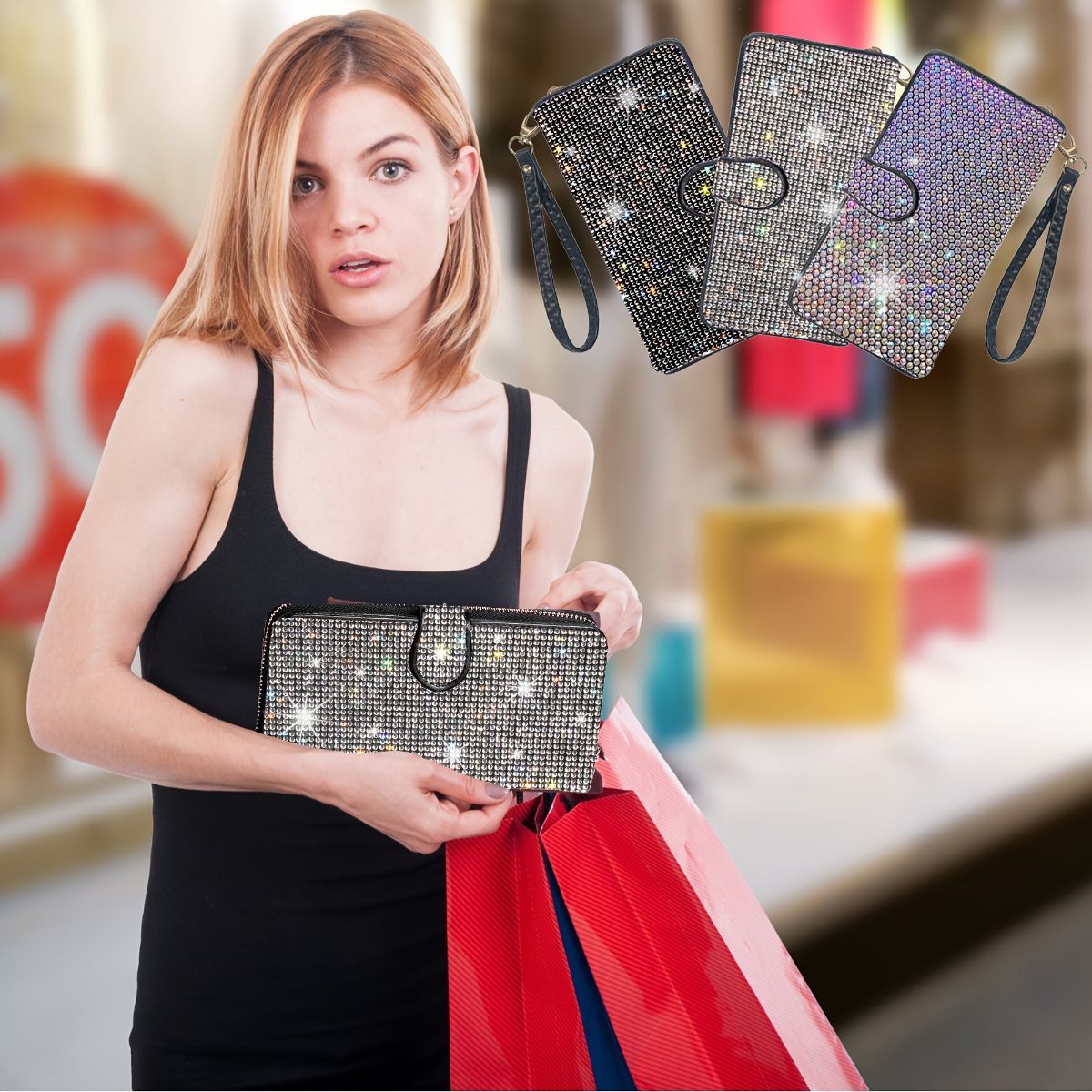 rhinestone card holder, checkbook clutch, rhinestone clutch, multiple card view 11