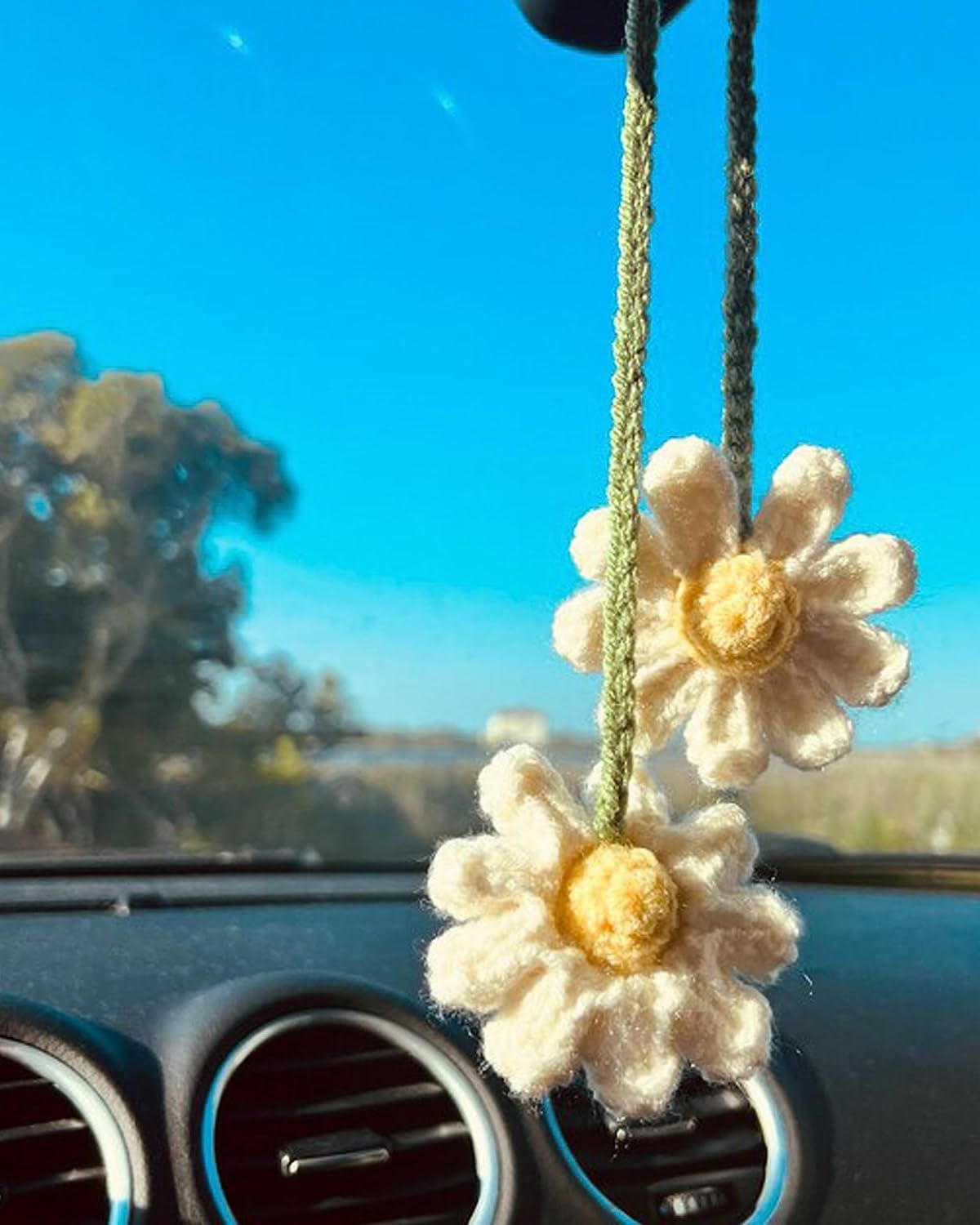 Crochet Daisy Auto Accessories Women Cute Rearview Mirror Charm Crafted Daisy view 6