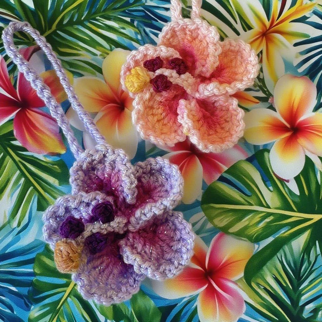 Hibiscus Car Ornaments, Crochet Hawaiian Tropical Flower Bag Charms Decoration view 2