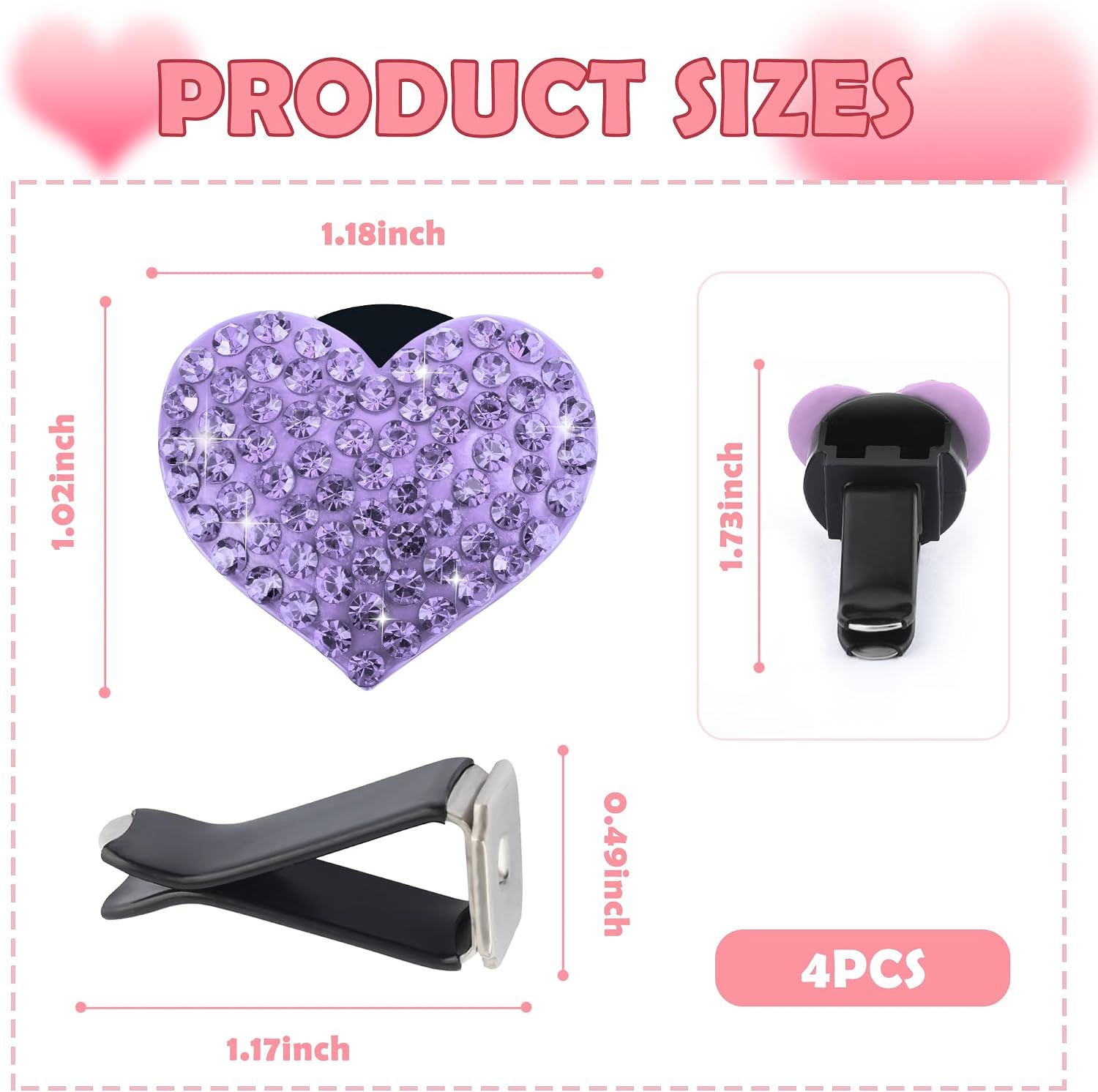 4PCS Heart-Shaped Car Vent Clips with Rhinestone view 2