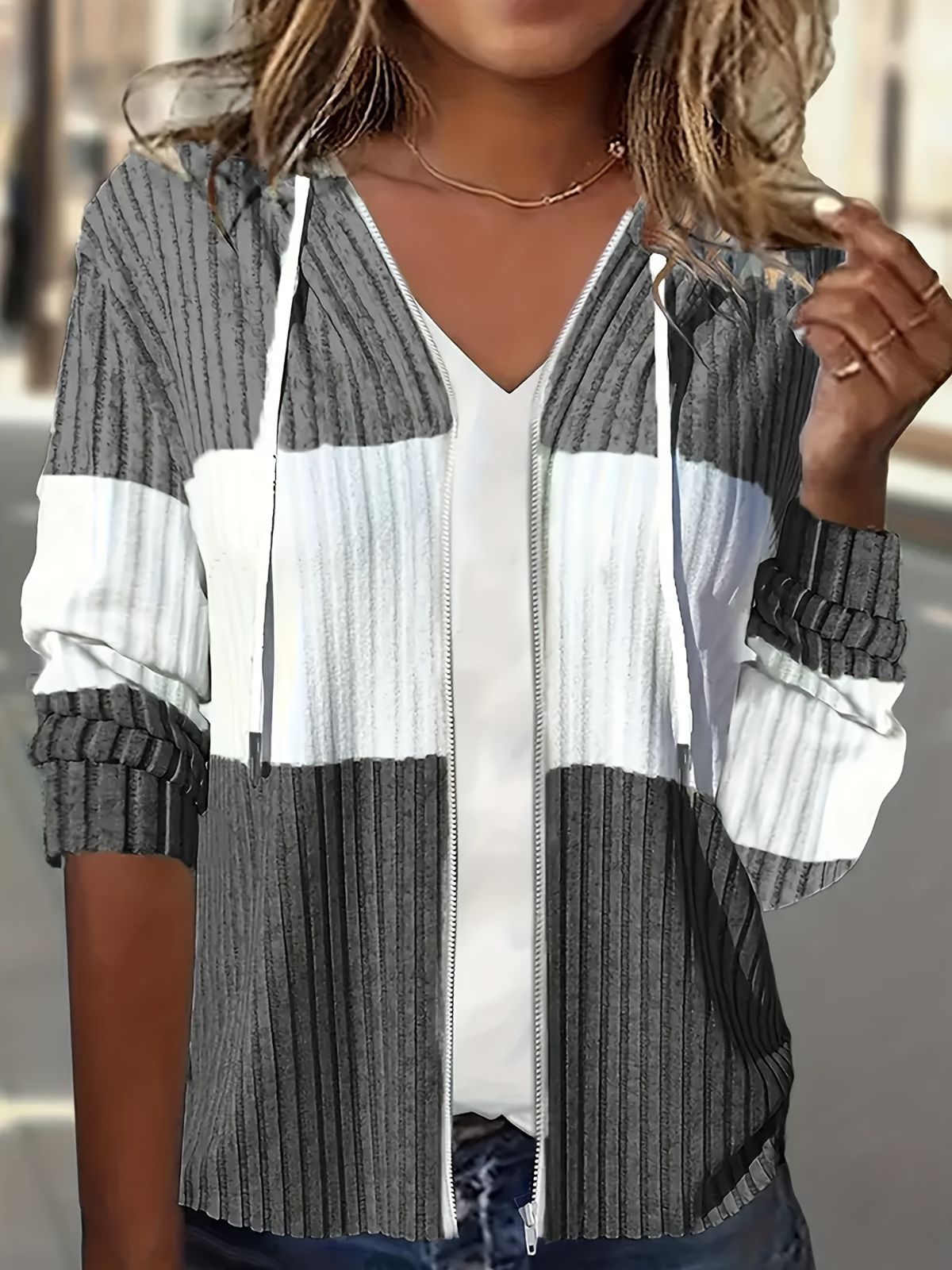 Women'S Hooded Jacket Two-Tone Jacket Drawstring Jacket Casual Jacket — image 1