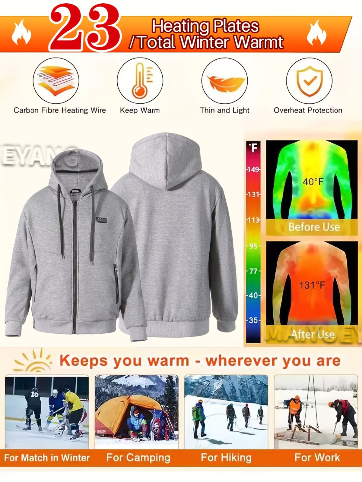 Heated Hoodie Electric Heating Hoodie Smart Heated Sweatshirt 23 Zone Heating view 6