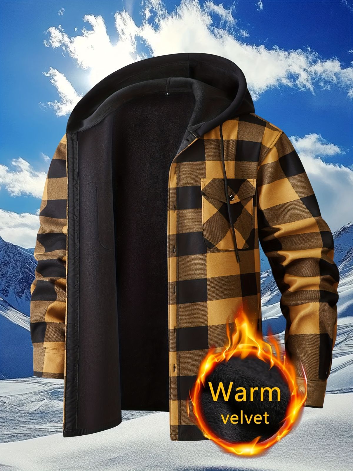 Plaid Hooded Jacket with Velvet Lining - Yellow - Size S(AU S/EU46) view 3