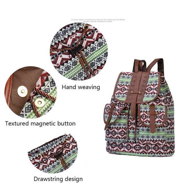 Brown Gray Bohemian Backpack Canvas Backpack Retro Tribal Patterns Leather view 2