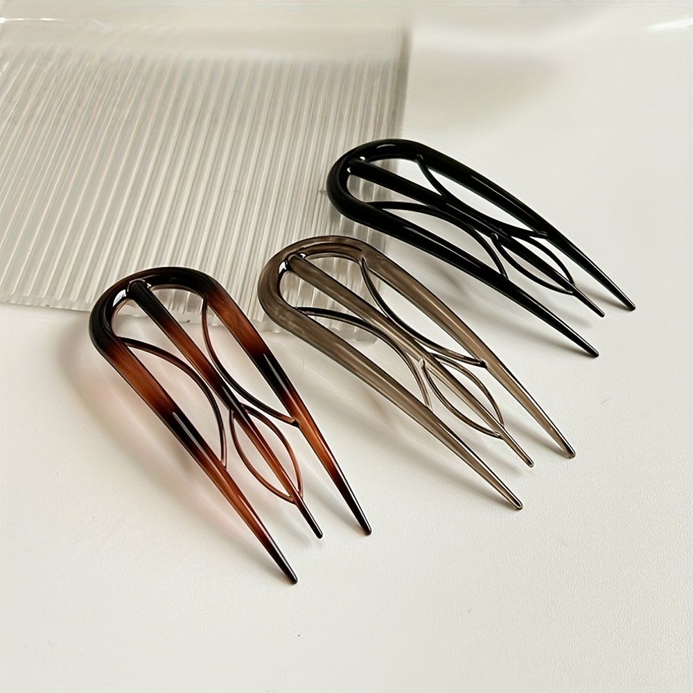3piece set of French hair clips - U-shaped vintage acetate hair clips view 2