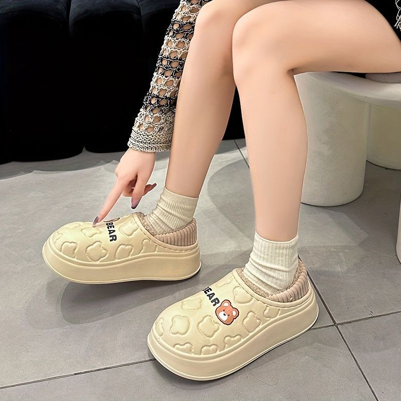 Women's Bear-Patterned Thick Sole Cotton Slippers - Pink - Size 6(AU6/EU37) — image 1