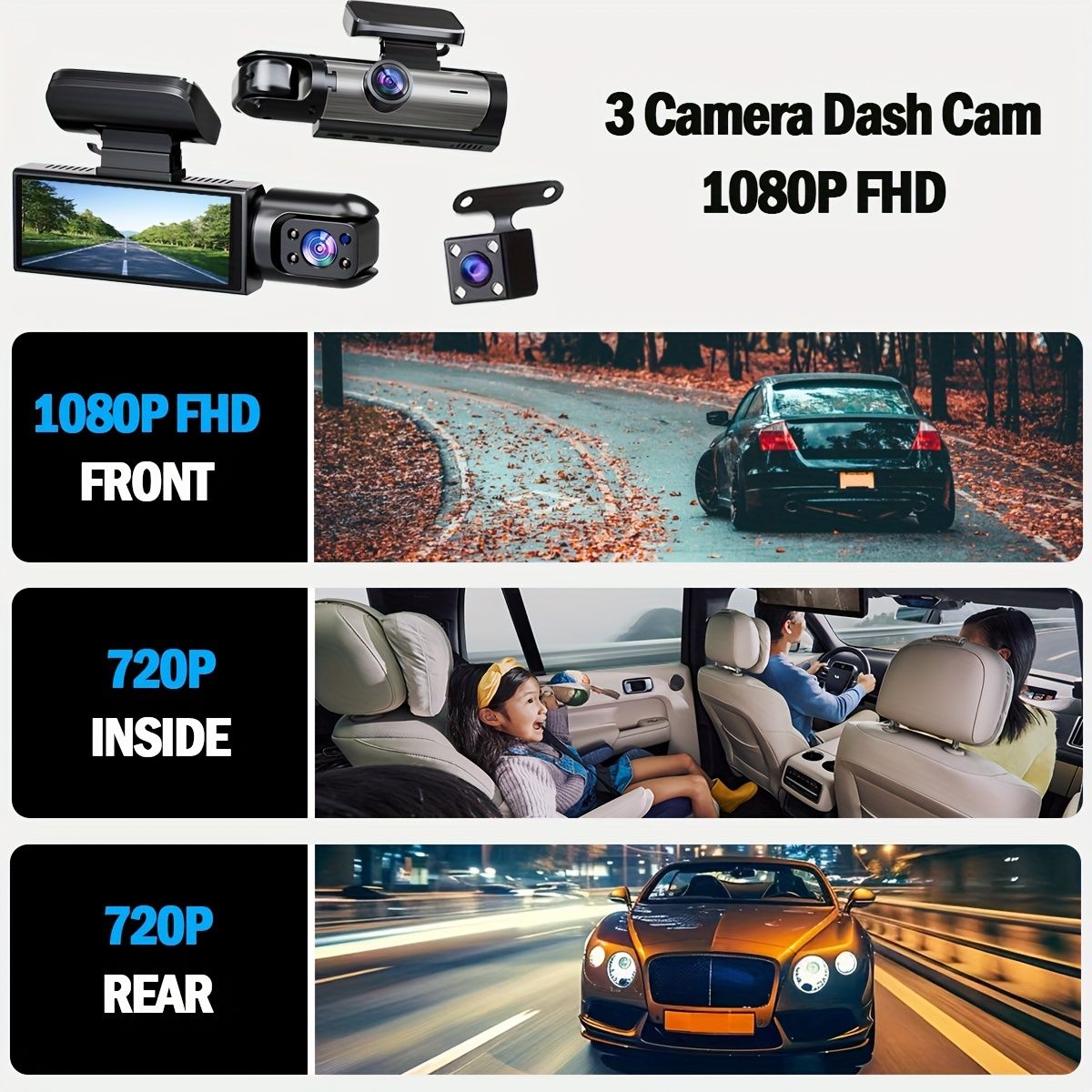 Super Memory Triple Cam Dash Cam! 32GB storage + 1080P HD triple lens view 3