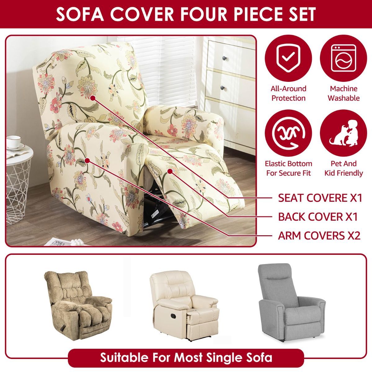 Recliner Cover Anti Scratch Lazy Recliner Chair Cover Protective Stretching view 3
