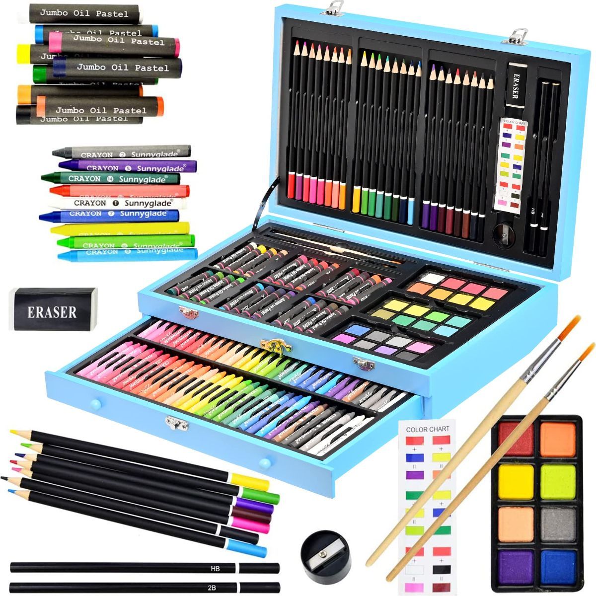 145 Piece Deluxe Art Set Wooden Art Box & Drawing Kit Blue Art Kit with Crayons view 4
