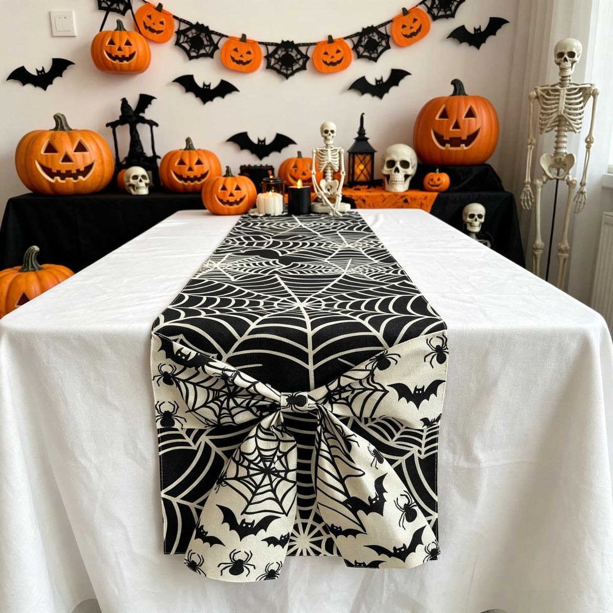 Halloween Table Runner 72 in with Big Bows Spillproof Pumpkin Ghost view 11
