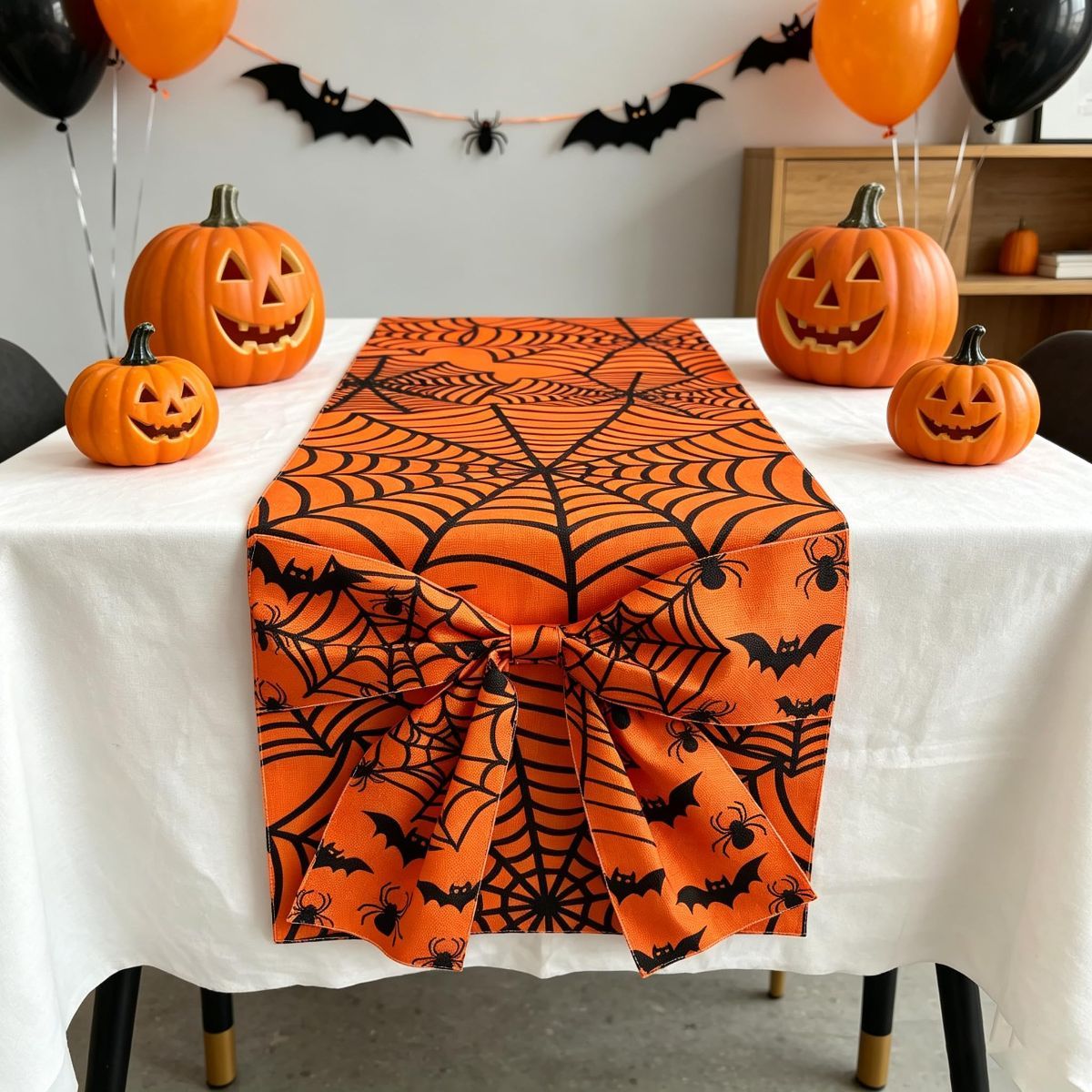 Halloween Table Runner 72 in with Big Bows Spillproof Pumpkin Ghost — image 1