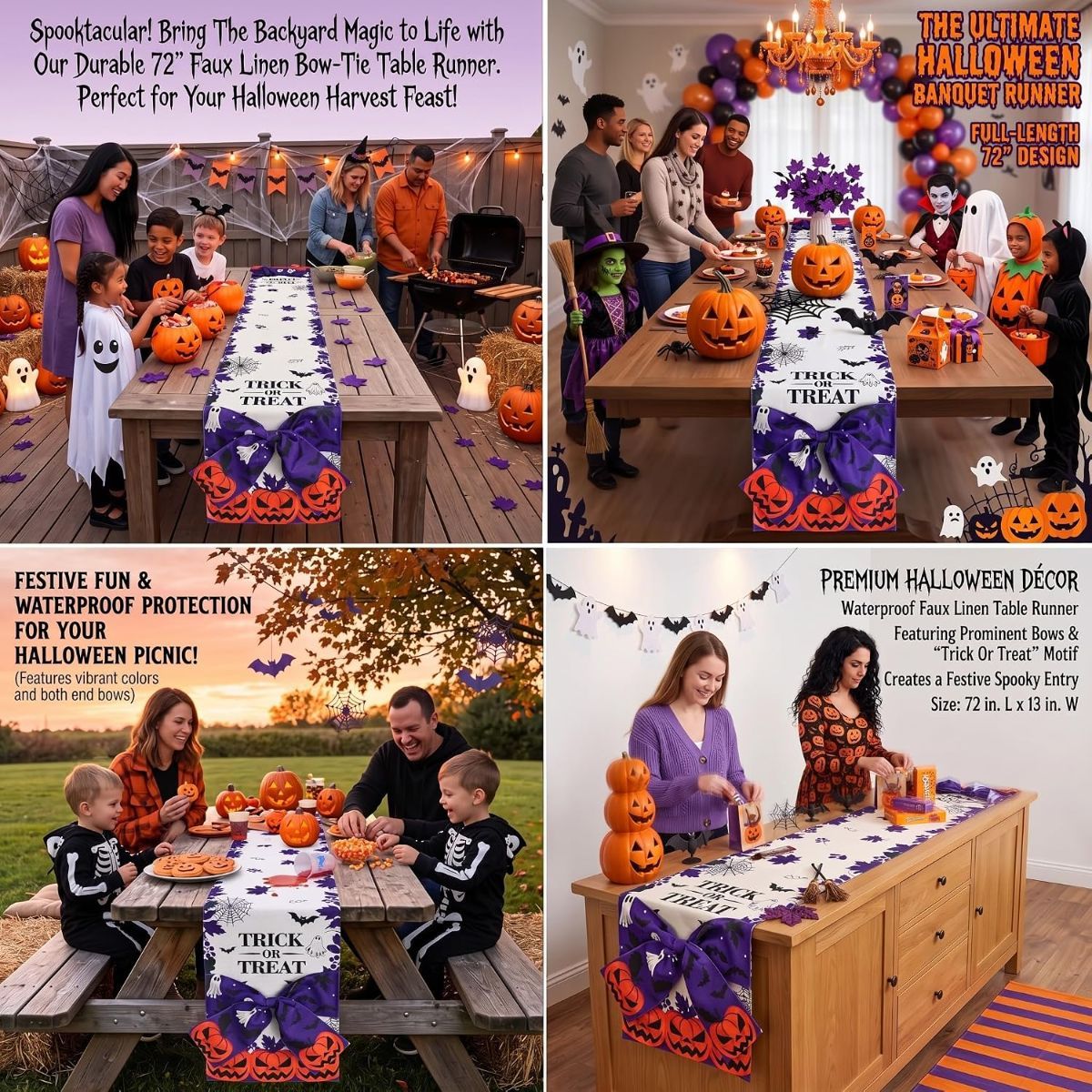 Halloween Table Runner 72 in with Big Bows Spillproof Pumpkin Ghost view 9