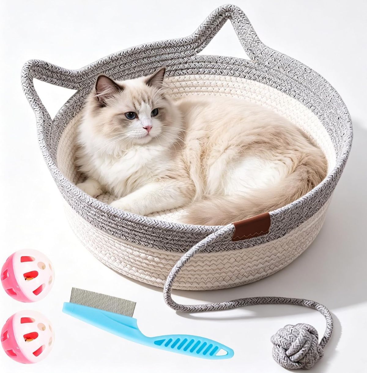 Cat Basket Hand-Woven Cat Bed Cat-Ear Handles Cotton Rope Cat Bed Indoor Cat — image 1