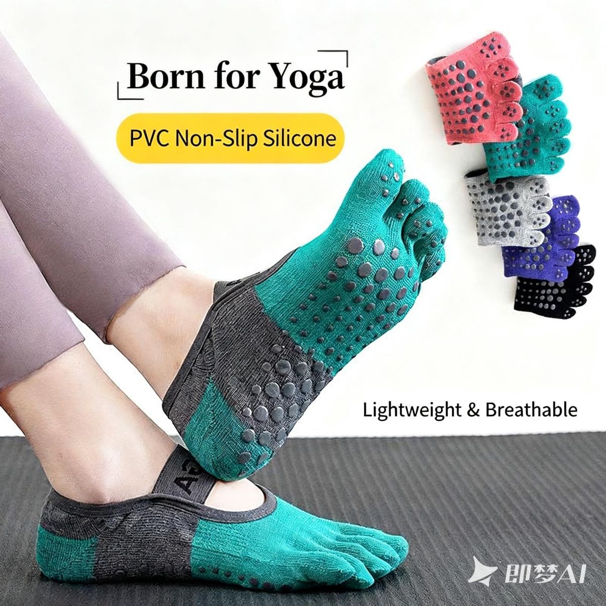 Two pairs Of Women's Non-Slip Five Toe Yoga Socks with Grips view 6