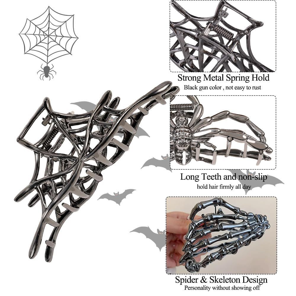 3PCS Black Spider Web Skeleton Hand Skull Hair Claw Clips for Women And Girls view 3