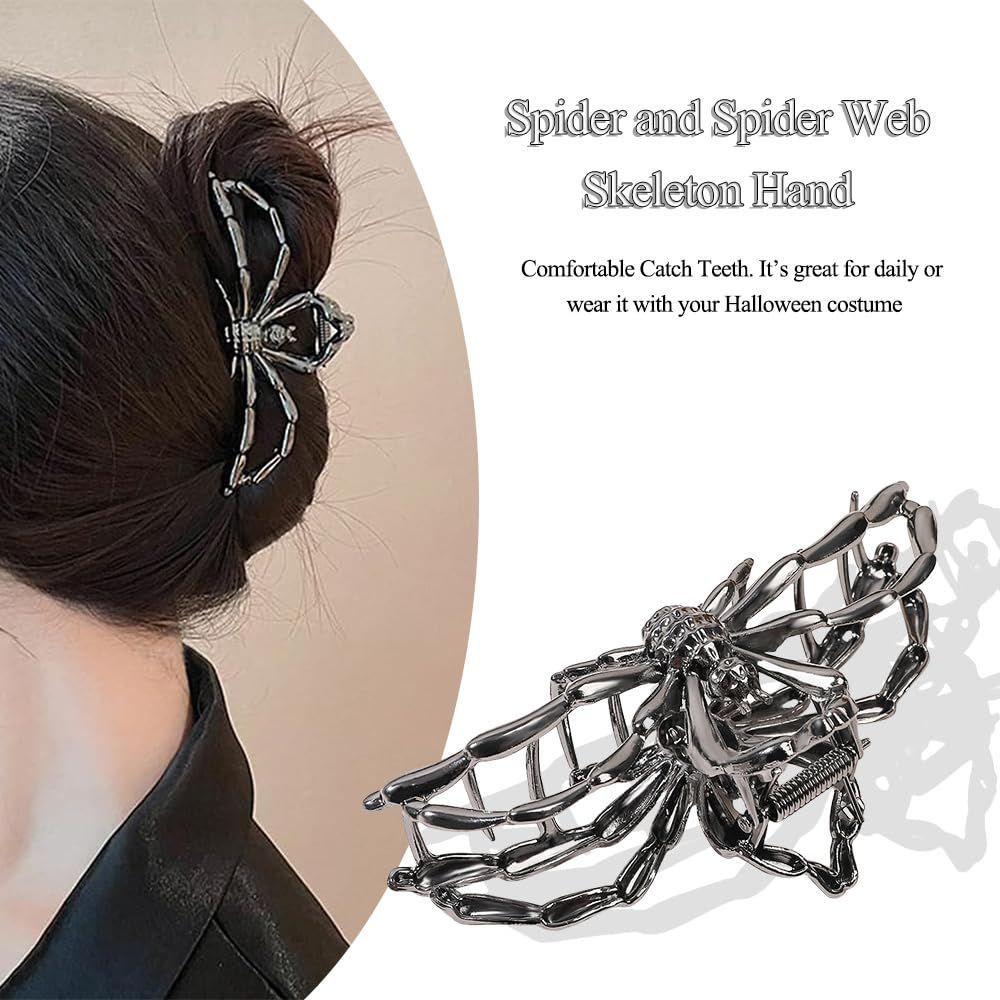 3PCS Black Spider Web Skeleton Hand Skull Hair Claw Clips for Women And Girls view 5