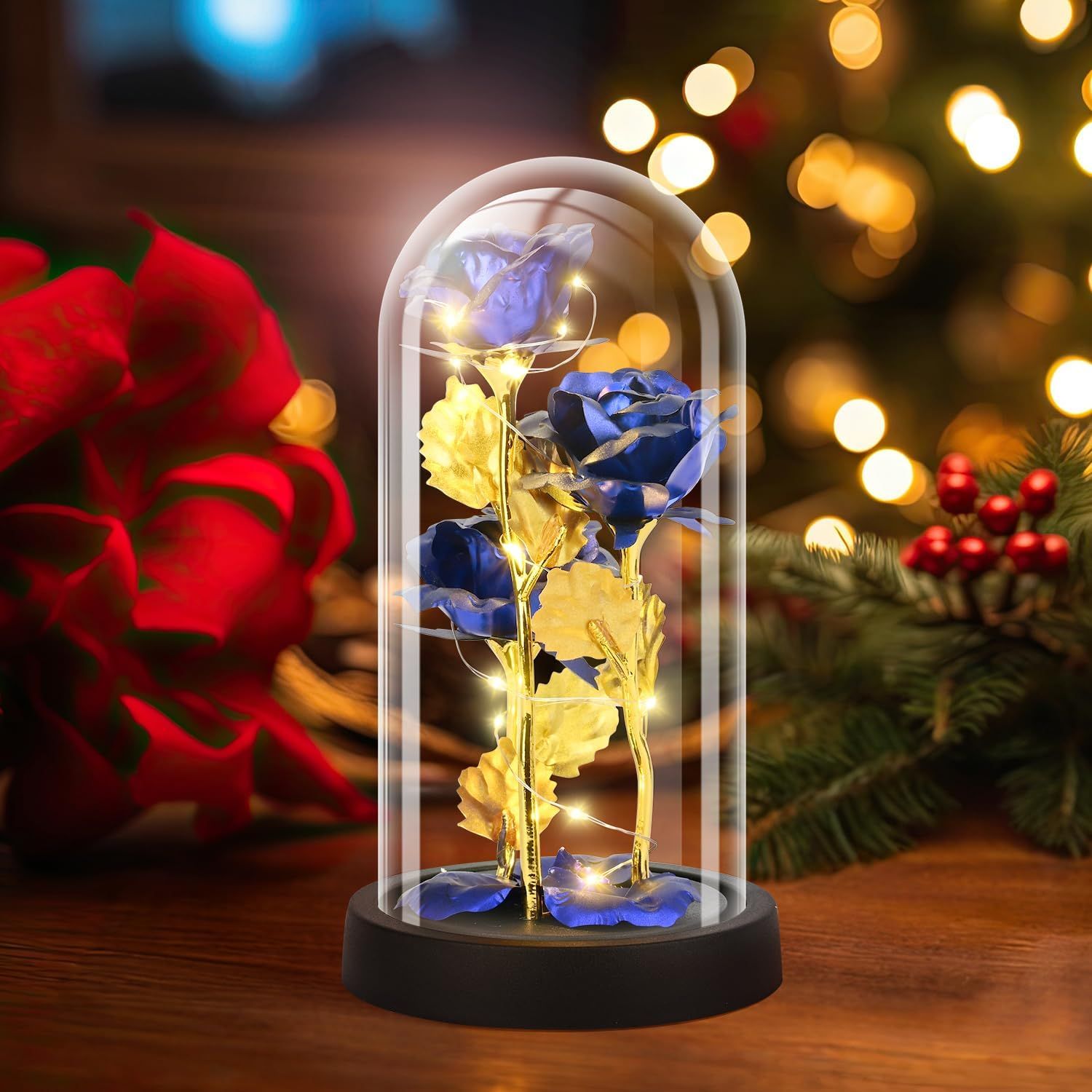 Eternal Blue Rose in Glass Dome with LED Lights view 2