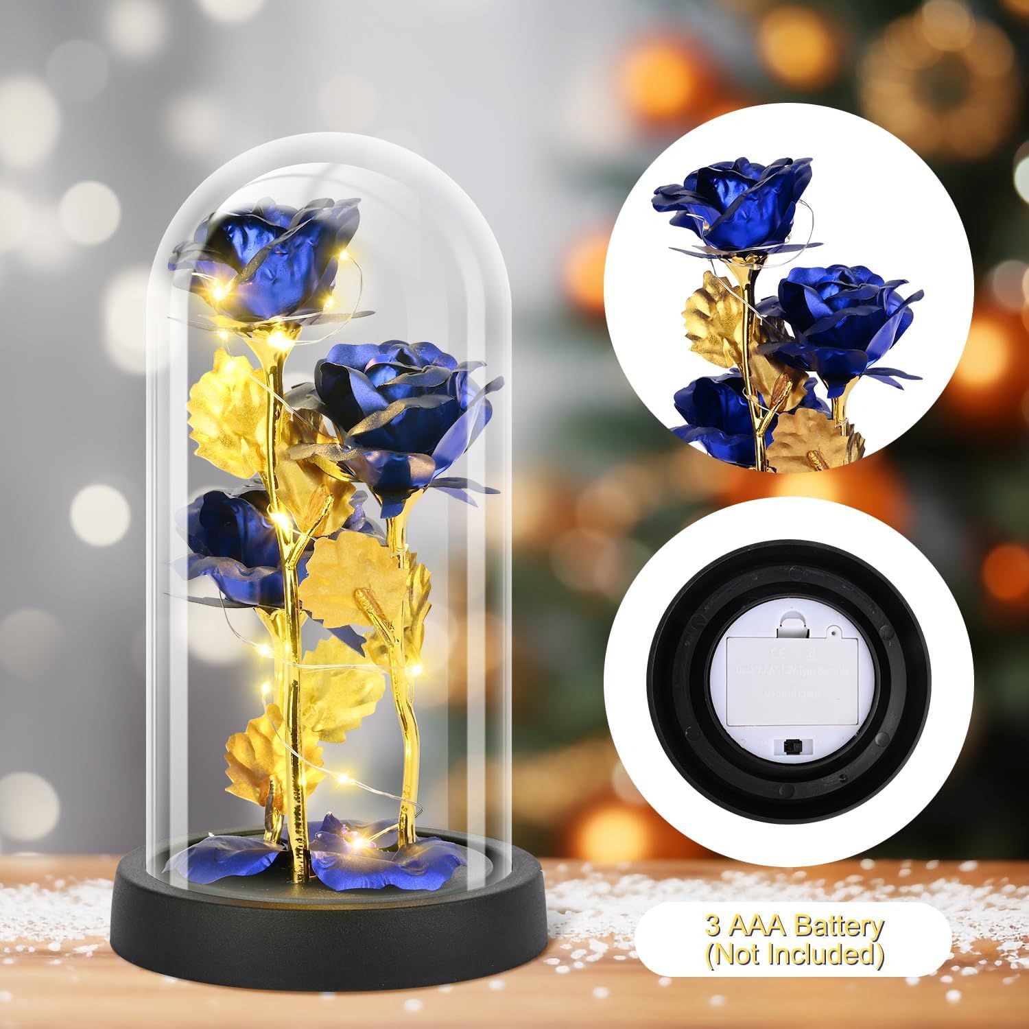 Eternal Blue Rose in Glass Dome with LED Lights view 7