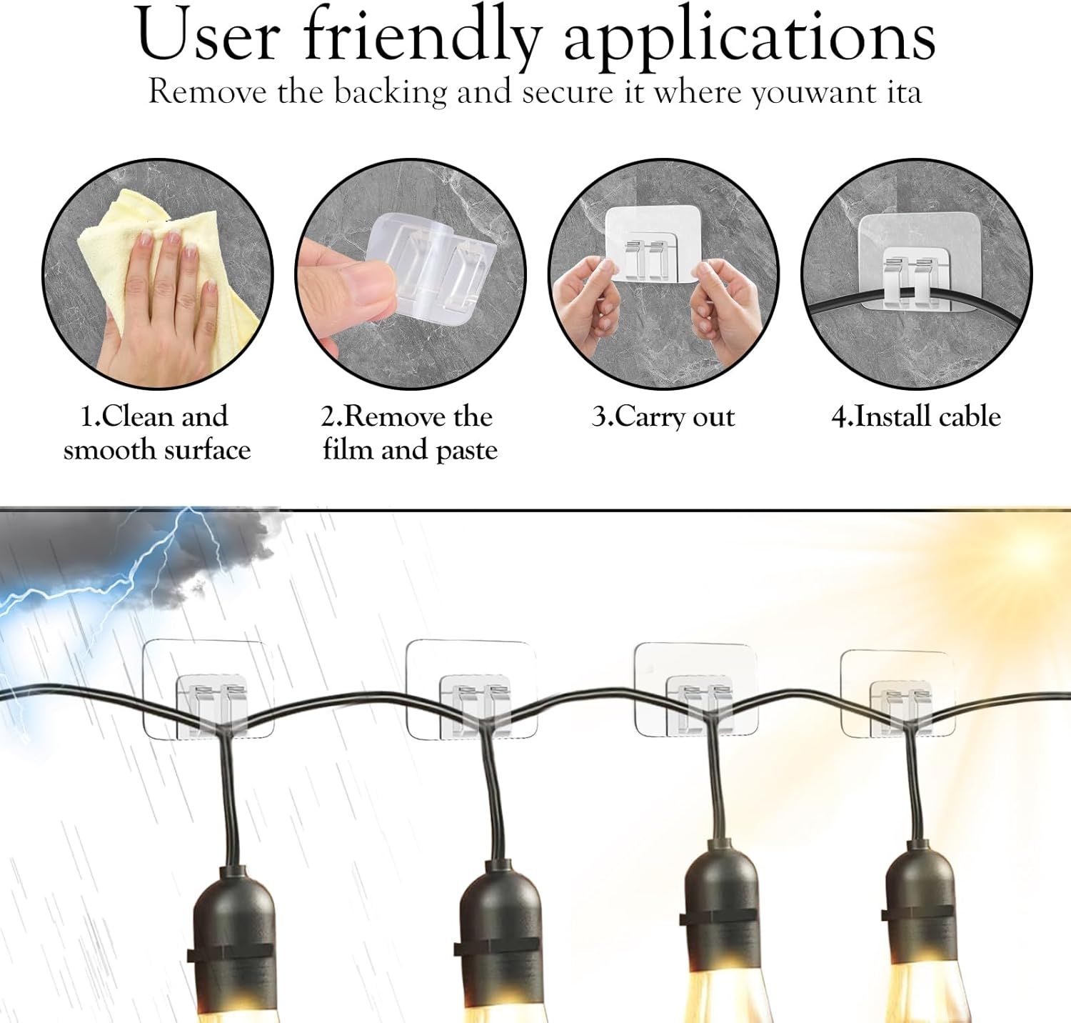 100PCS Heavy Duty Clear Adhesive Hooks for Outdoor String Lights view 5
