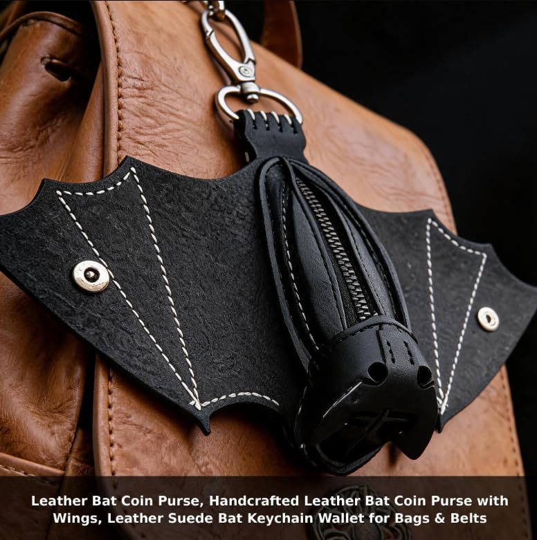 Bat coin purse, handmade bat-shaped coin purse with wings, Gothic leather bat view 4