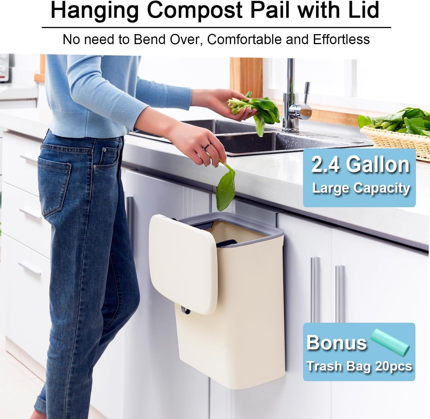 Hanging Kitchen Compost Bin with Lid for Cabinet Door or Wall view 2
