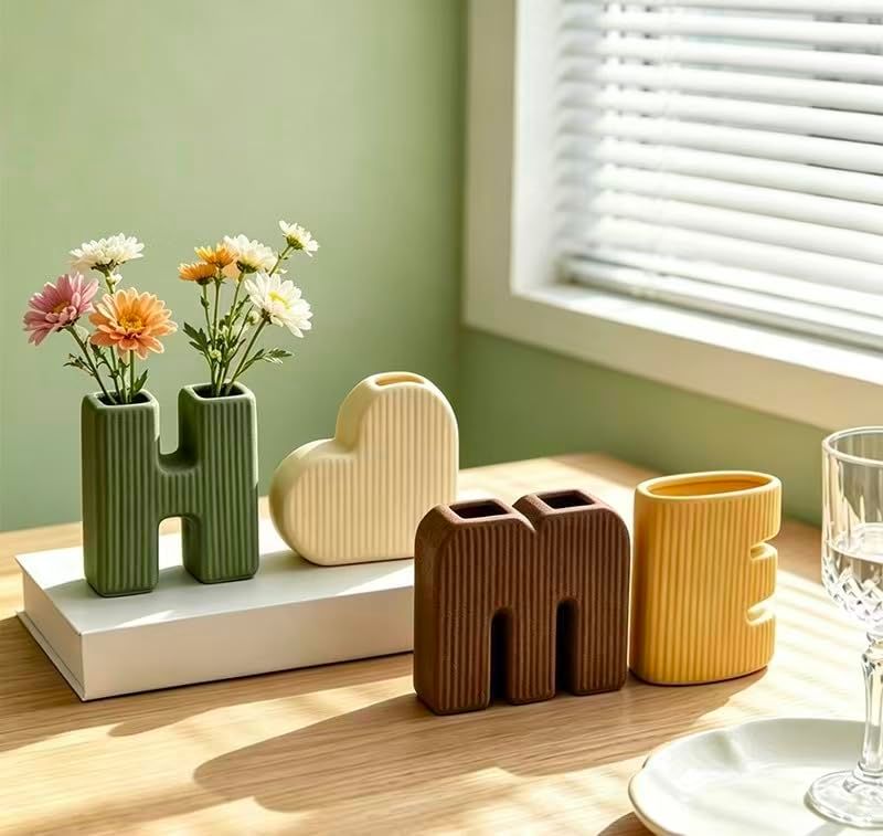 Creative Decorative Home Letter Shaped Ceramic Vase Set – Ribbed Texture — image 1
