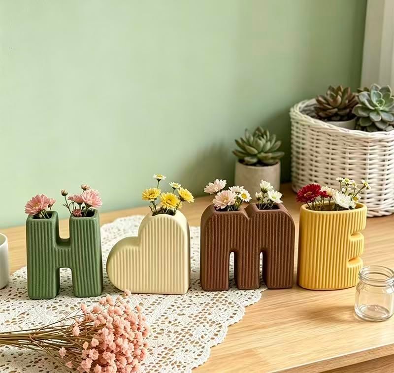 Creative Decorative Home Letter Shaped Ceramic Vase Set – Ribbed Texture view 3