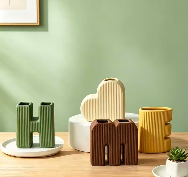 Creative Decorative Home Letter Shaped Ceramic Vase Set – Ribbed Texture view 4