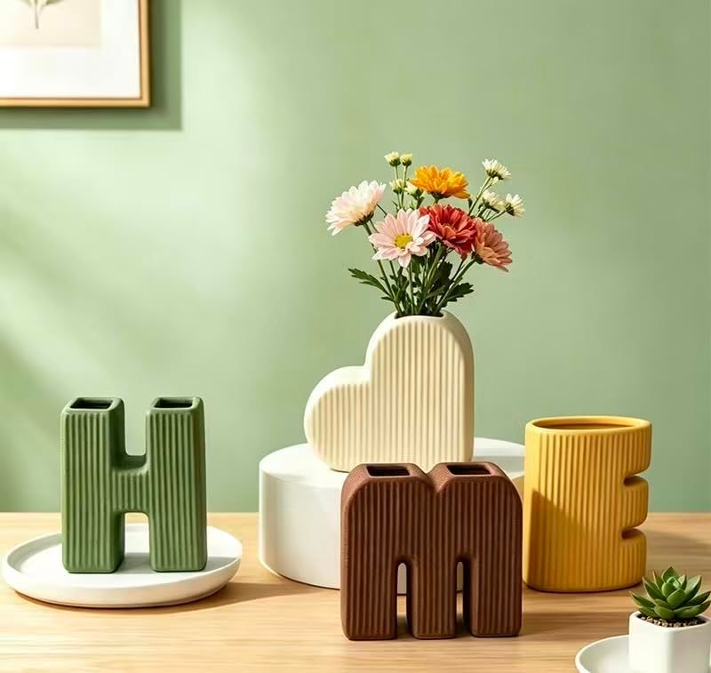 Creative Decorative Home Letter Shaped Ceramic Vase Set – Ribbed Texture view 8