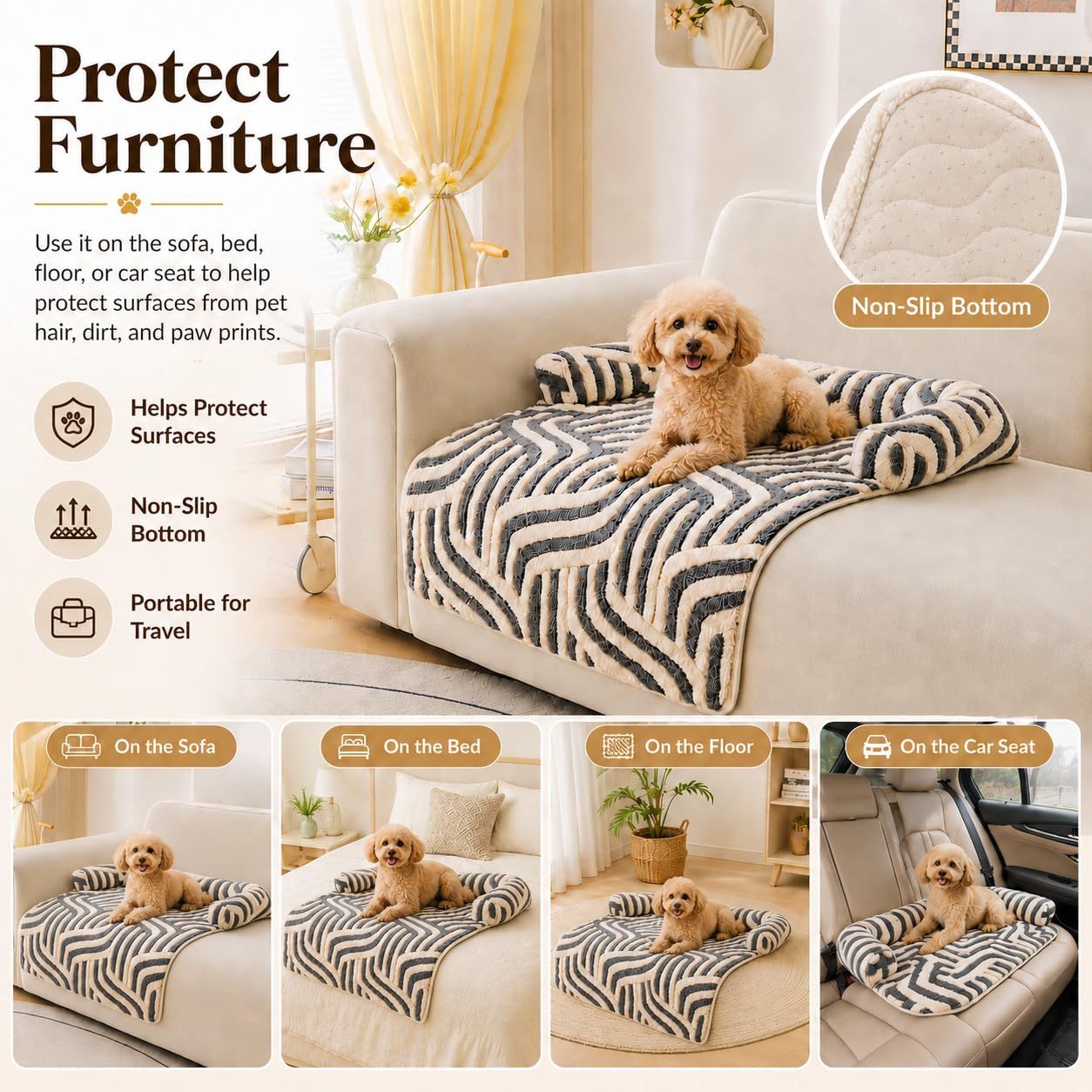 Calming Dog Bed Mats, Couch Bed Mat, Soft Flannel 3-Sided Bolster Pet Sofa Bed view 2