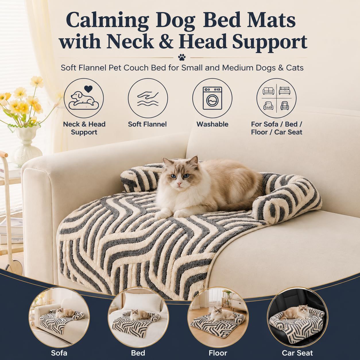 Calming Dog Bed Mats, Couch Bed Mat, Soft Flannel 3-Sided Bolster Pet Sofa Bed view 3