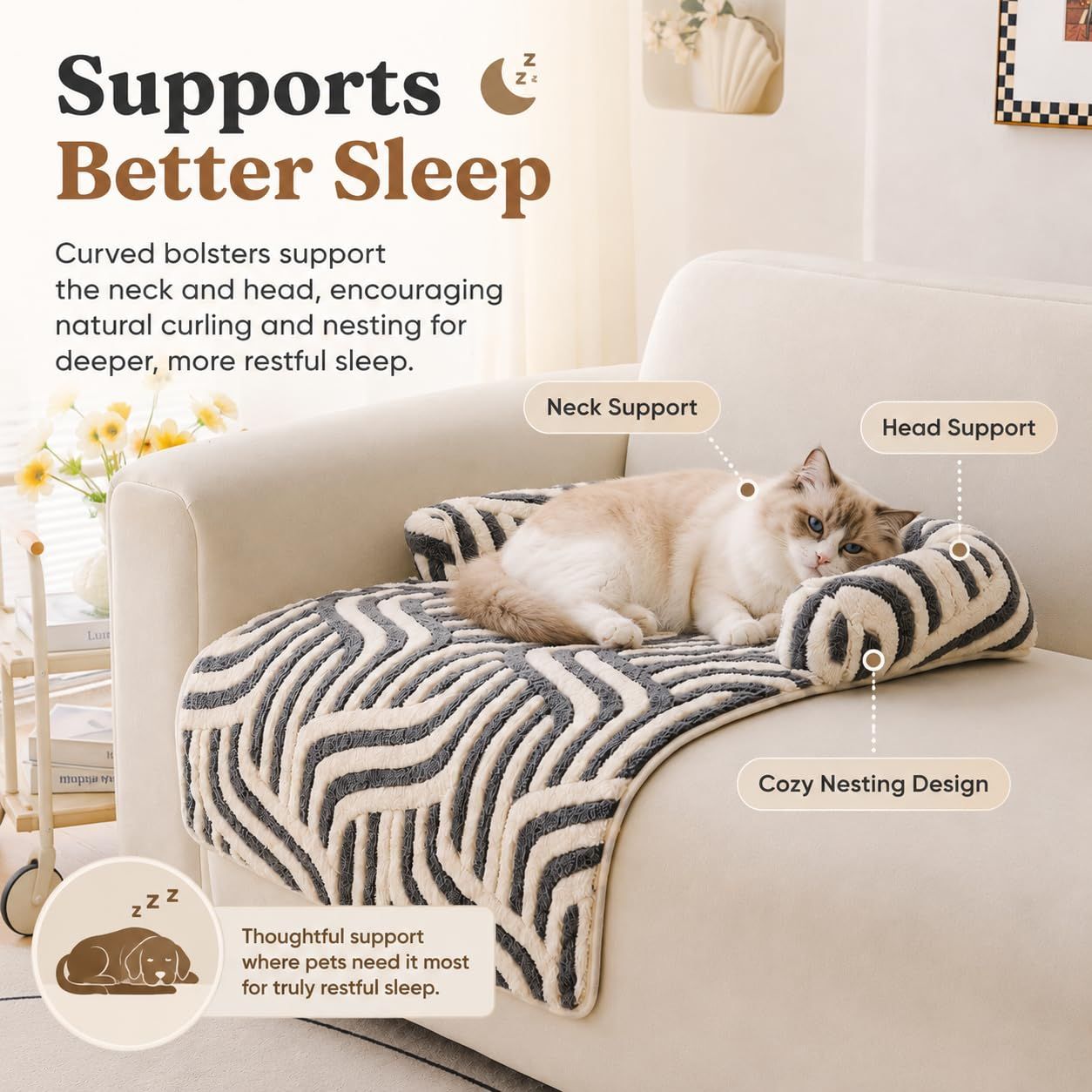 Calming Dog Bed Mats, Couch Bed Mat, Soft Flannel 3-Sided Bolster Pet Sofa Bed view 4